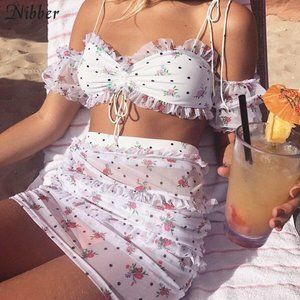 Nibber Summer Boho Floral Polka Dot Mini Skirt Crop Top Set